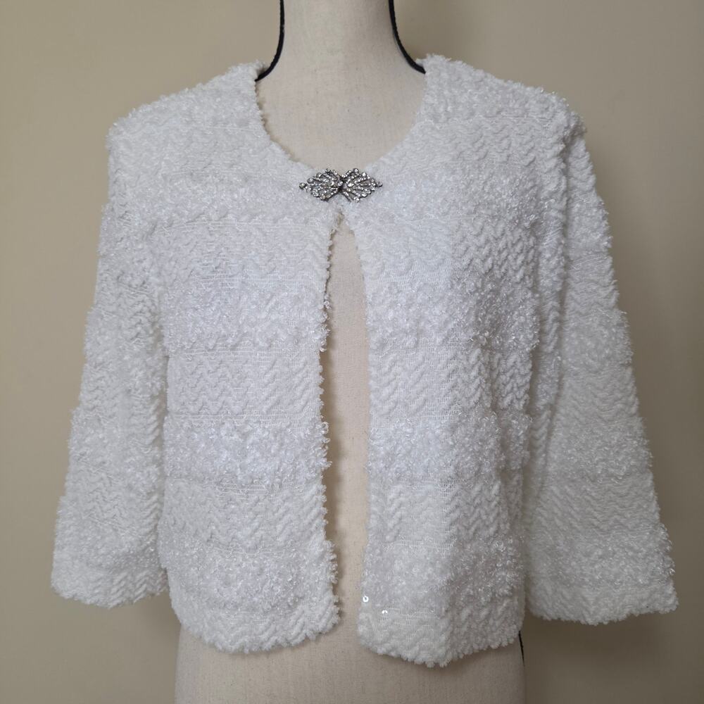 Vintage R&M Richards L White Textured Cropped Bolero Shrug Jacket Rhinestornes